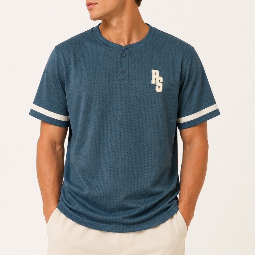 PacSun Mens Mesh Baseball Jersey Shirt Slate‎ Blue Embroidered Logo Small NWT